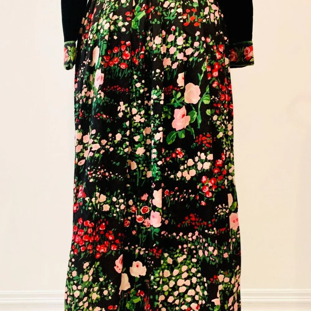 70s RK ORIGINALS true vintage BLACK velvet floral MAXI DRESS belt MEDIUM roses - Picture 4 of 12